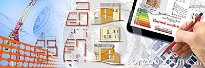 Collection of images about a construction site for the construction of a new thermally insulated building - Energy efficiency and Stock Photo