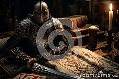 A collection of images showcasing authentic artifacts from the Knights Templar era, such as swords, armor, and ancient manuscripts Stock Photo