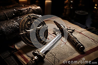 A collection of images showcasing authentic artifacts from the Knights Templar era, such as swords, armor, and ancient manuscripts Stock Photo