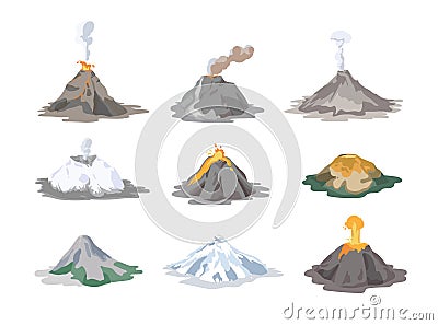 Collection of inactive and active volcanoes erupting and emitting smoke, ash clouds and lava isolated on white Vector Illustration