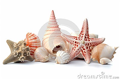 Seashells and Starfish Collection on White Background Stock Photo
