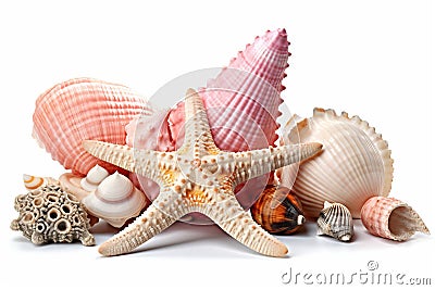 Seashells and Starfish Collection on White Background Stock Photo