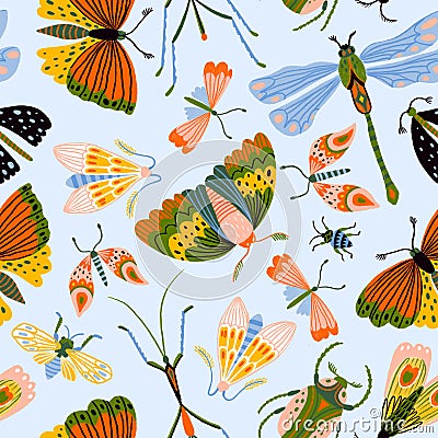 Collection of insects. Butterflies, dragonflies and beetles isolated in the blue background. Seamless pattern design Stock Photo