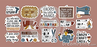 Set of funny arts and crafts stickers. Vector Illustration