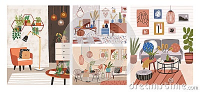 Collection of interiors with stylish comfy furniture and home decorations. Bundle of cozy living rooms or apartments Vector Illustration