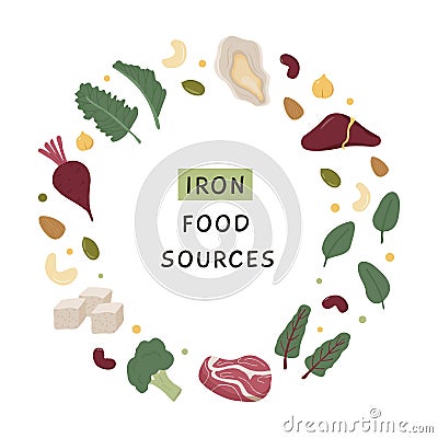 Collection of iron rich food. Red meat, liver, sea food, broccoli, tofu, legume, nuts. Dietetic product, organic natural Vector Illustration