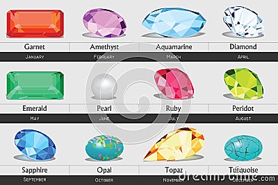 Collection of isolated gemstones by month, no gradients Vector Illustration