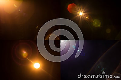Collection of 4 isolated light lens flare leaks Stock Photo