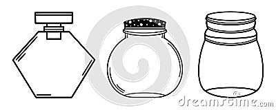 Set jars with lids. Isolated vector bottles on a white background. Empty glass vials. Hand drawn doodle, outline of a flask Vector Illustration