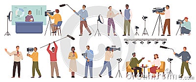 Journalists, cameramen or videographers interview Vector Illustration