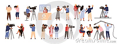 Collection of journalists, talk show hosts interviewing people, news presenters and cameramen or videographers with Vector Illustration
