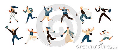 Collection of joyful running men and women dressed in casual clothes. Set of funny smiling people in hurry or haste Vector Illustration