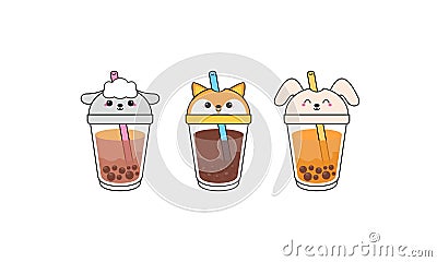 Kawai Cute Bubble Tea with Cup Animal Faces Stock Photo