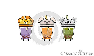 Kawai Cute Bubble Tea with Cup Animal Faces Vector Illustration