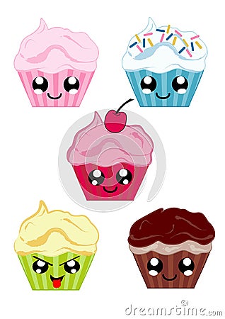 Collection with kawaii cupcakes. Vector Illustration