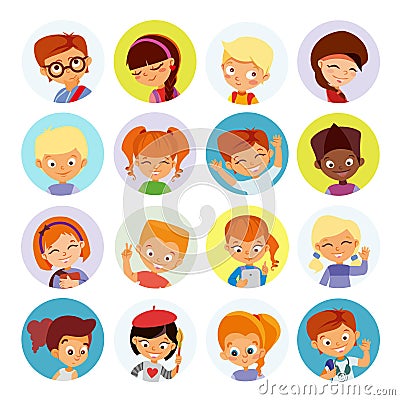 Collection of kids avatars,cute cartoon boys and girls faces. Vector Illustration