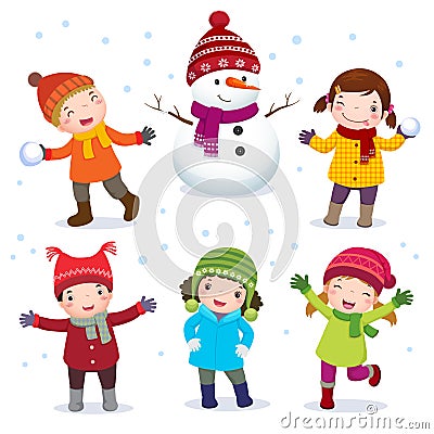 Collection of kids with snowman in winter costume Vector Illustration