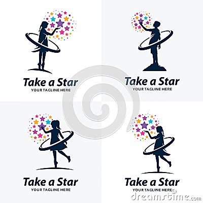 Collection of Kids Touching Stars Logo Design Template Vector Illustration