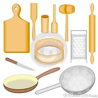 A collection of kitchen utensils. A wooden mortar and pestle, a board, a hammer for meat, a scoop, a rolling pin, a sieve, a drill Cartoon Illustration