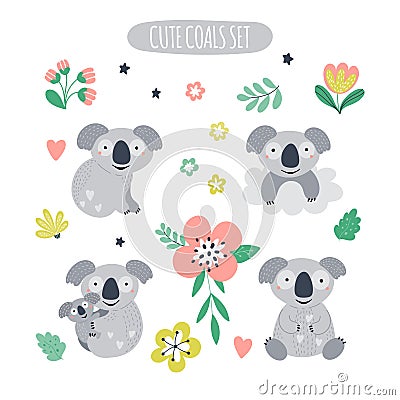 Collection with koalas in cartoon style Vector Illustration