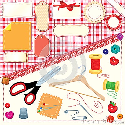 Collection of labels,sewing,knitting tools. Vector Illustration