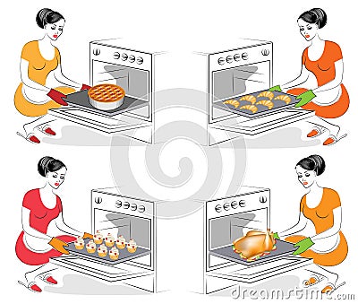 Collection. The lady is cooking food. The girl bakes in the oven different dishes, muffins, croissants, pie, goose, turkey. A Cartoon Illustration