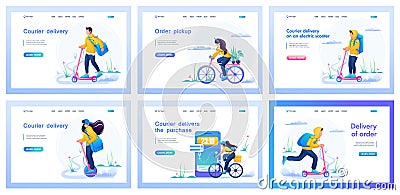 Collection of landing pages about delivery. Couriers young boys and girls work as couriers, delivering food and food Vector Illustration