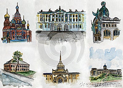 Collection of landmarks in Saint Petersburg, Russia. Cartoon Illustration