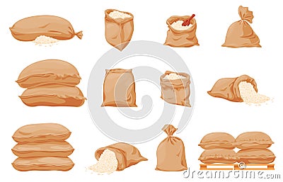 Collection large textile bags of rice vector flat illustration. Set of burlap sacks full of groats Vector Illustration