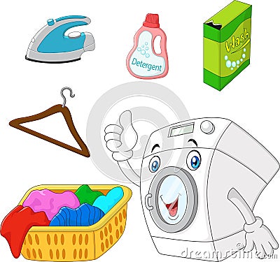 Collection of laundry equipment cartoon Vector Illustration