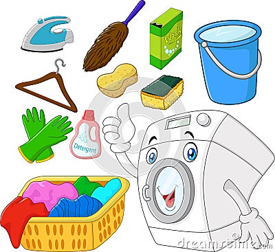 Collection of laundry equipment cartoon Vector Illustration