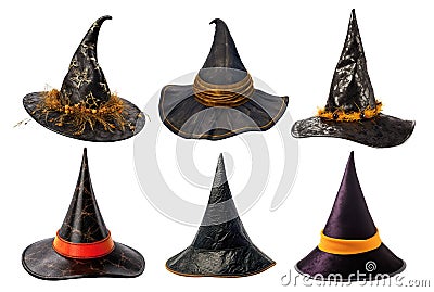 Collection of leather and fabric black witch's hats of different styles isolated on white Cartoon Illustration