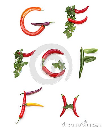 letter set f g h from green orange purple red yellow chili, salad, parsley letter. Stock Photo