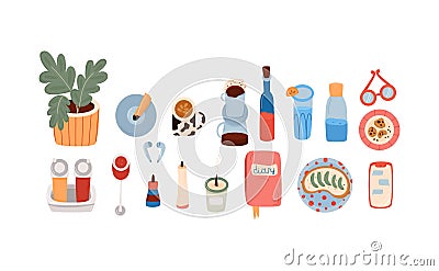 Collection of daily life objects. Elements of girls routine. Vector Illustration