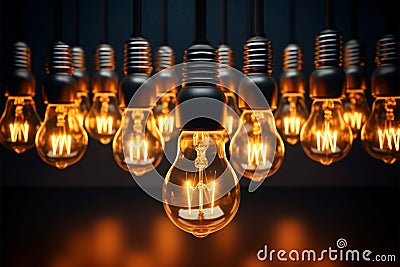 Collection of light bulbs emits a unified glow, illuminating together Stock Photo