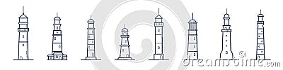 Collection of lighthouses of various types drawn with contour lines on white background. Bundle of coastal towers Vector Illustration