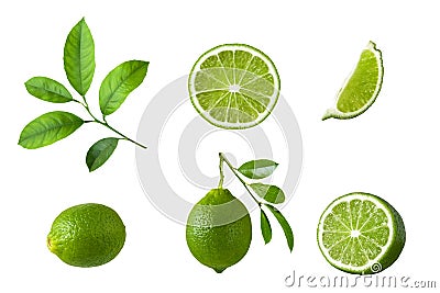 Collection of lime fruit with green leaves isolated on white background Stock Photo