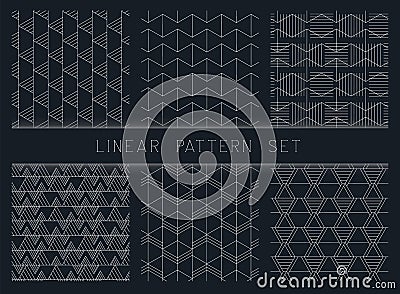 Collection of linear black and white geometric pattern textures. Set of 6 backgrounds. Seamless repeating monochrome Vector Illustration