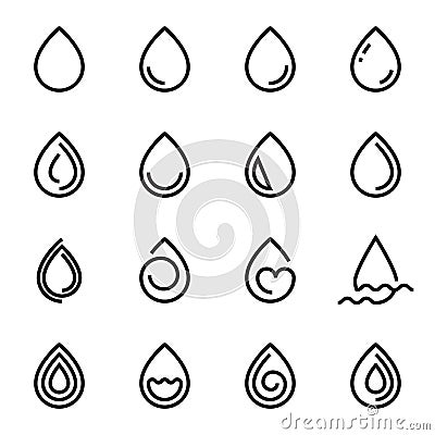 Collection of linear droplet symbols isolated on a white background Vector Illustration