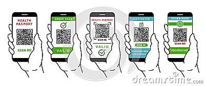 Collection linear human hands smartphone screen with QR code health passport vaccination certificate Vector Illustration