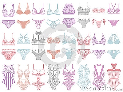 Collection of lingerie. Panty and bra set. Vector Illustration