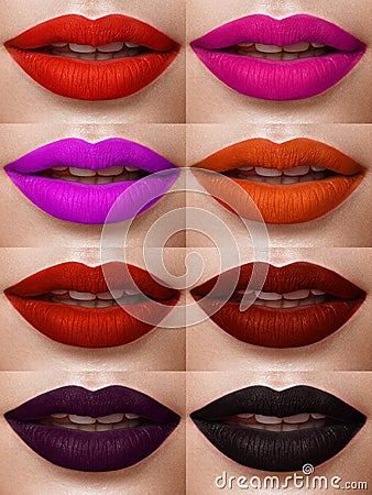 Collection of lips colorful hues. The palette of lipsticks. Close-up Stock Photo