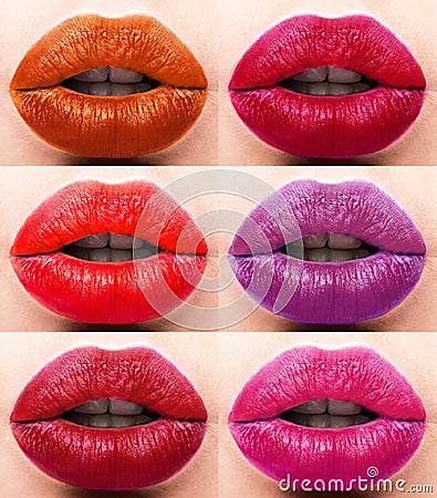 Collection: lips red and purple hues. The palette of lipsticks. Close-up Stock Photo