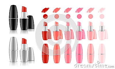 Collection of lipstick with different color shade. Colorful lip gloss smudges. Makeup cosmetic product package. Vector Illustration