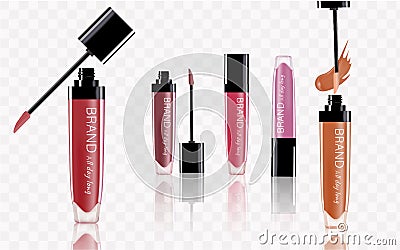 Collection of lipstick with different color shade. Colorful lip gloss smudges. Makeup cosmetic product package. Vector Vector Illustration