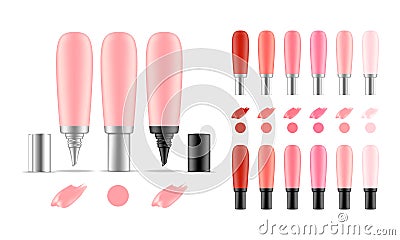 Collection of lipstick tubes with different color shade. Colorful lip gloss smudges. Makeup cosmetic product package. Vector Illustration