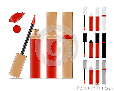 Collection of lipstick tubes with different color shade. Colorful lip gloss smudges. Makeup cosmetic product package. Vector Illustration