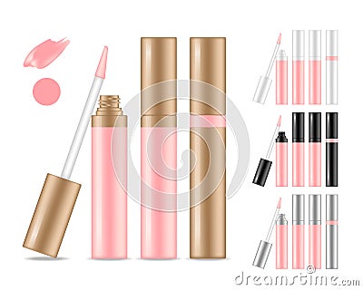 Collection of lipstick tubes with different color shade. Colorful lip gloss smudges. Makeup cosmetic product package. Vector Illustration