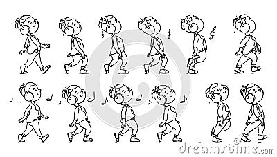 Collection of listening to music teenager icons. Animation sprite set frame loop. Dance. Music. Flat cartoon style. Stock Photo