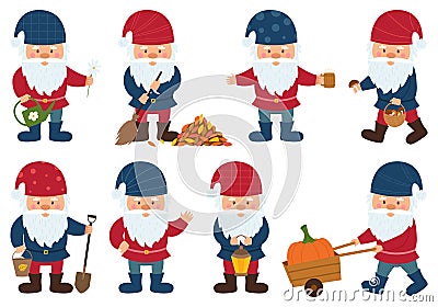 A collection of little gnomes with beards and caps hold a lantern, a bucket, basket of mushrooms, sweeps fallen leaves, carries a Vector Illustration